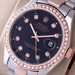 Rolex Rose Diamond Case Date Just Black Dial Watch